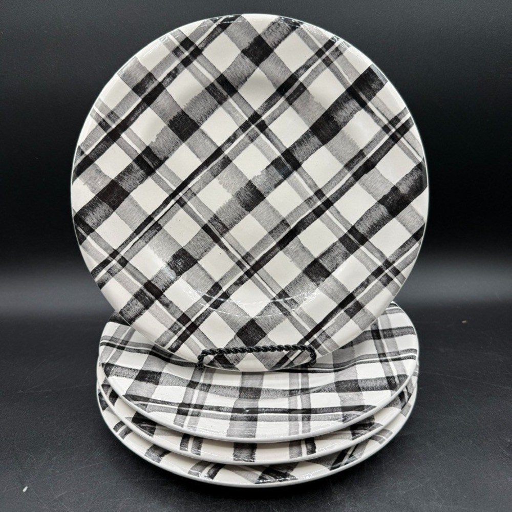 PIER 1 BRADFORD‎ BUFFALO CHECK Black White 4 Salad Plates Plaid